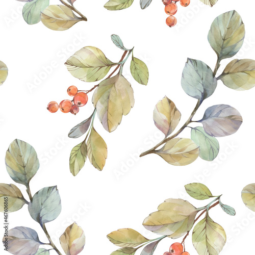 Seamless botanical pattern on an abstract background. Leaves painted in watercolor, digitally processed. Abstract ornament for design, wallpaper, packaging, print, scrapbooking. © Sergei