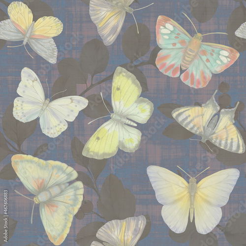Seamless botanical pattern with butterflies and leaves on an abstract background. butterflies painted in watercolor  digitally processed. Abstract ornament for design  wallpaper  packaging  print
