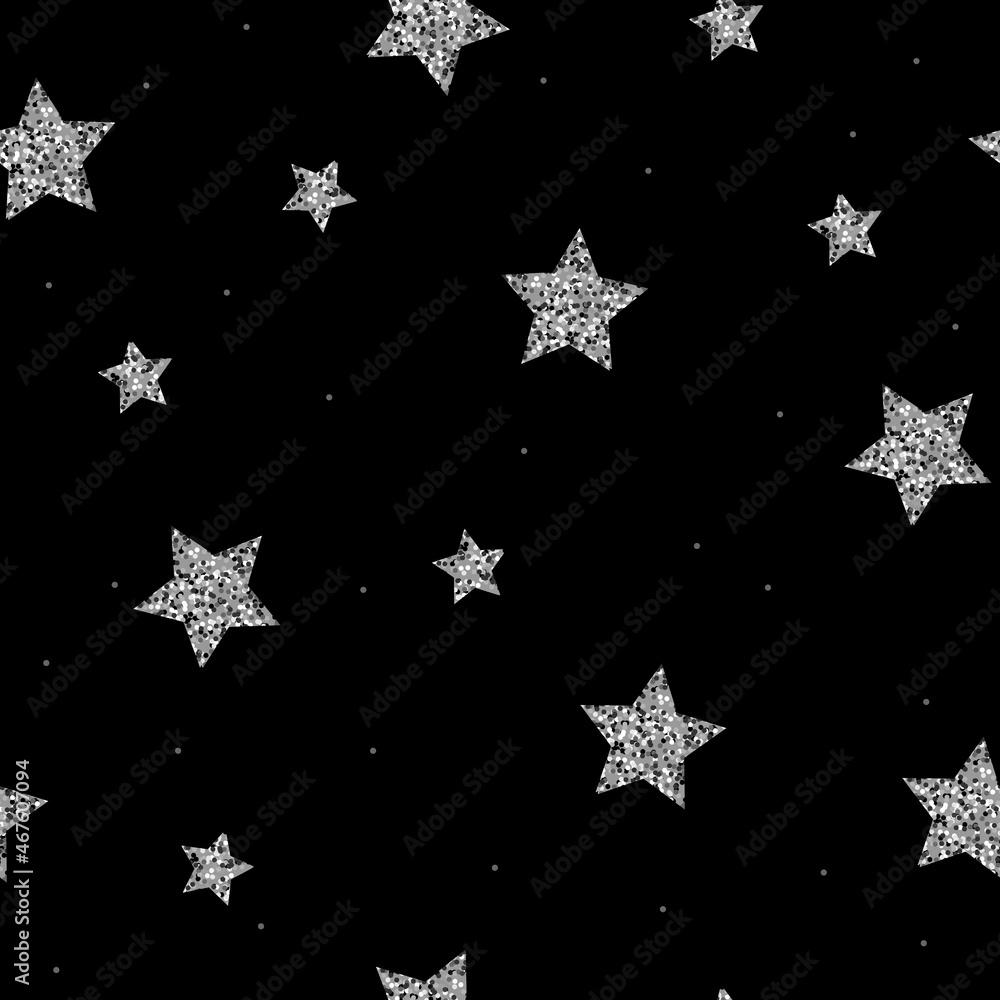 Glitter silver stars isolated on black background. Vector seamless ...