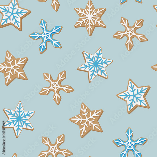 Cartoon Christmas cookies isolated on blue background. Different snowflakes. Seamless vector pattern.