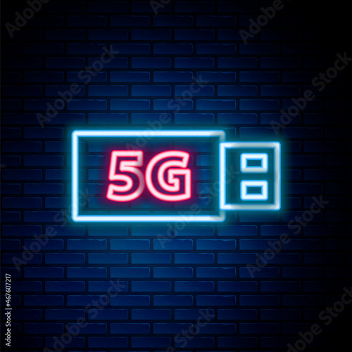 Glowing neon line 5G modem for fast mobile Internet icon isolated on brick wall background. Global network high speed connection data rate technology. Colorful outline concept. Vector