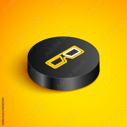 Isometric line 3D cinema glasses icon isolated on yellow background. Black circle button. Vector