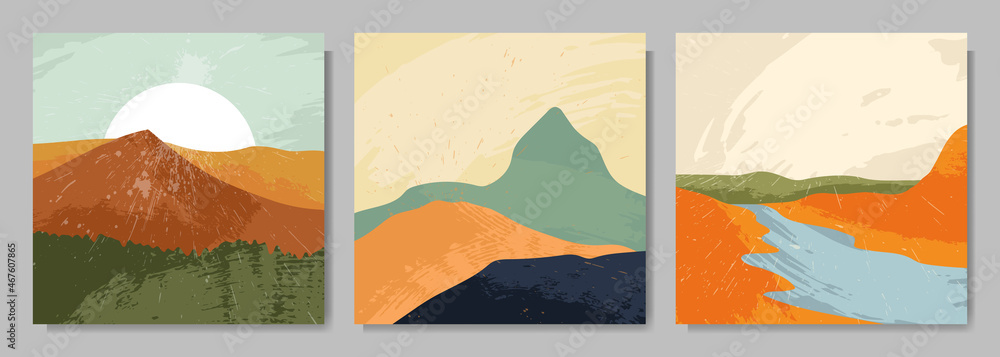 Vector illustration. Abstract scratched background. Vintage art. Retro graphic. Mountain design for web banner, social media template. Brush stroke drawn illustration. Wall art. Paint splash effect