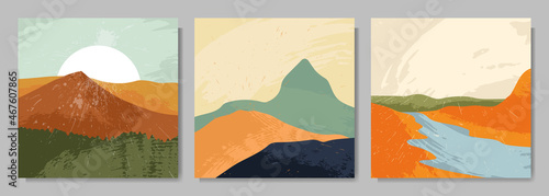 Vector illustration. Abstract scratched background. Vintage art. Retro graphic. Mountain design for web banner, social media template. Brush stroke drawn illustration. Wall art. Paint splash effect