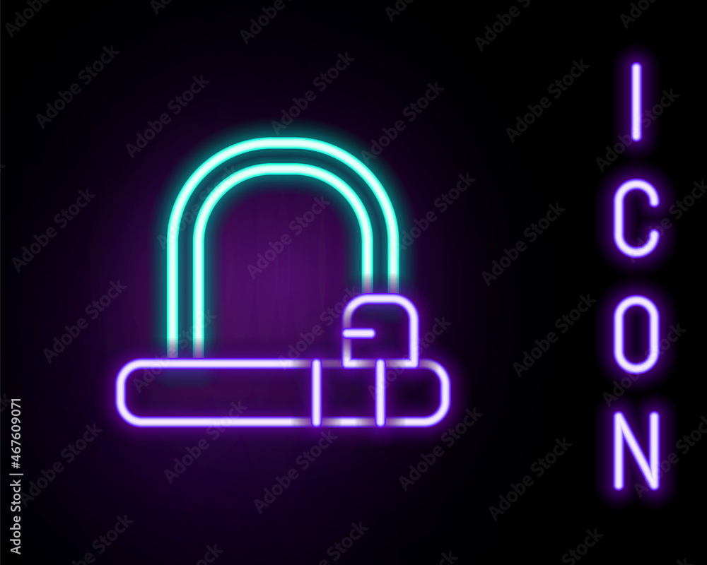 Glowing neon line Bicycle lock U shaped industrial icon isolated on black background. Colorful outline concept. Vector Glowing neon line Bicycle lock U shaped industrial icon isolated on black background. Colorful outline concept. Vector
