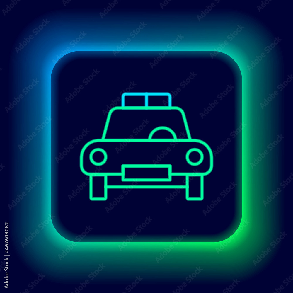 Glowing neon line Police car and police flasher icon isolated on black background. Emergency flashing siren. Colorful outline concept. Vector