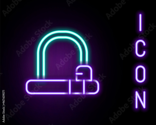 Glowing neon line Bicycle lock U shaped industrial icon isolated on black background. Colorful outline concept. Vector