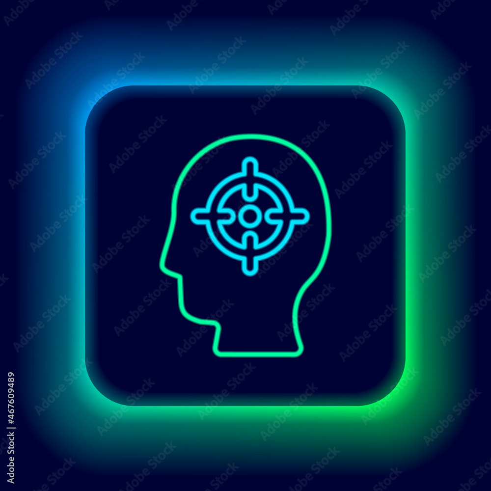 Glowing neon line Head hunting icon isolated on black background. Business target or Employment sign. Human resource and recruitment for business. Colorful outline concept. Vector Glowing neon line Head hunting icon isolated on black background. Business target or Employment sign. Human resource and recruitment for business. Colorful outline concept. Vector