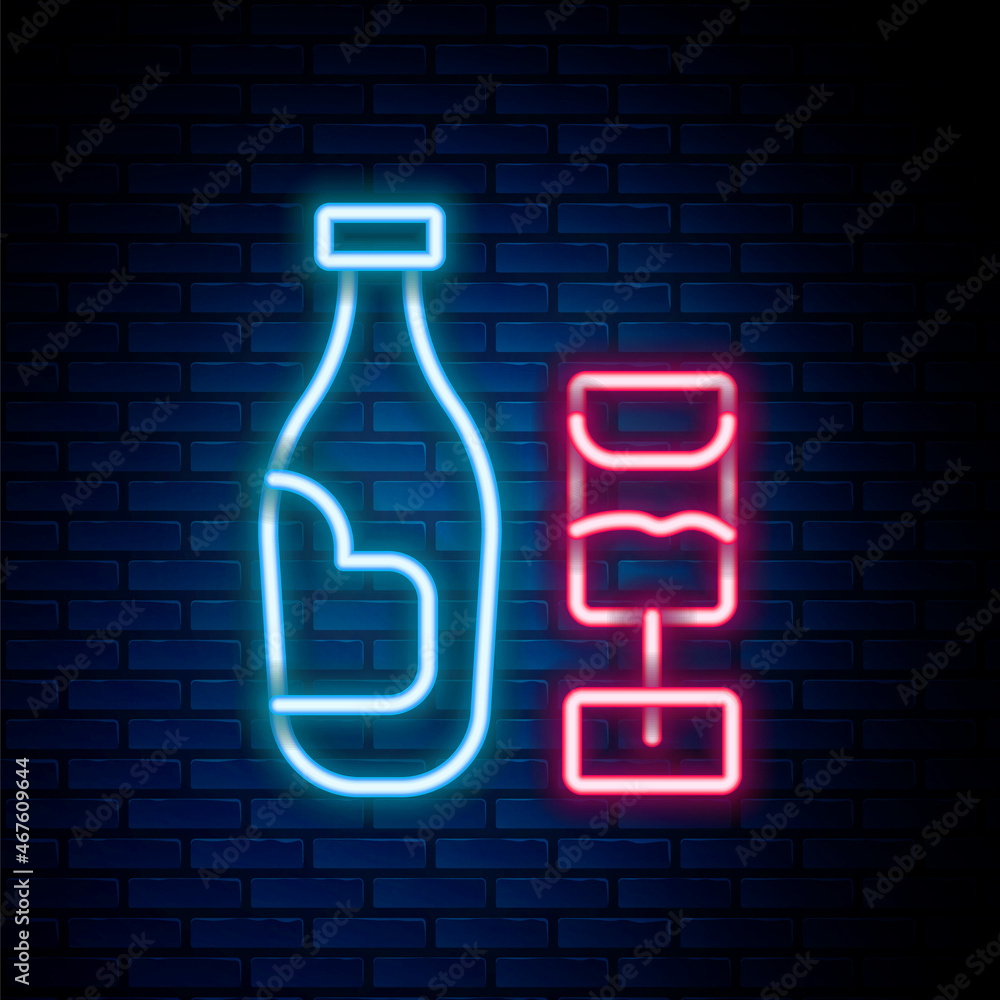 Glowing neon line Wine bottle with glass icon isolated on brick wall background. Colorful outline concept. Vector Glowing neon line Wine bottle with glass icon isolated on brick wall background. Colorful outline concept. Vector