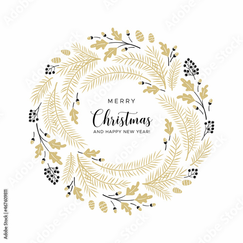 Christmas wreath with pine branches, cones and berries. Holiday design for your greeting cards in gold and black color