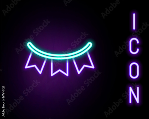 Glowing neon line Carnival garland with flags icon isolated on black background. Party pennants for birthday celebration, festival decoration. Colorful outline concept. Vector