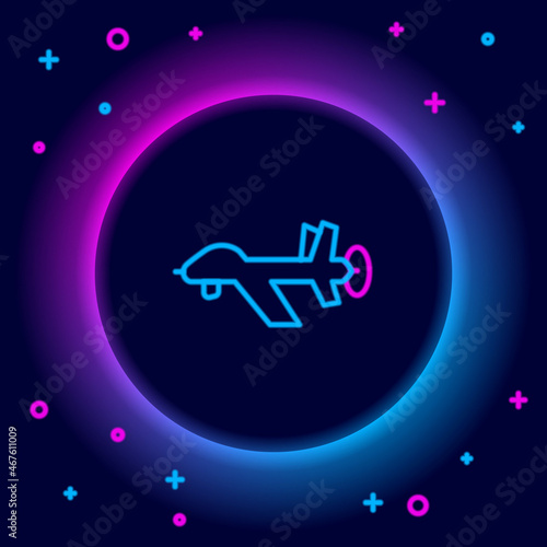 Glowing neon line UAV Drone icon isolated on black background. Military Unmanned aircraft spy. Colorful outline concept. Vector