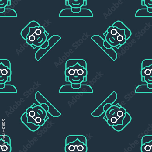 Line Hacker or coder icon isolated seamless pattern on black background. Programmer developer working on code, coding, testing, debugging, analysing. Vector