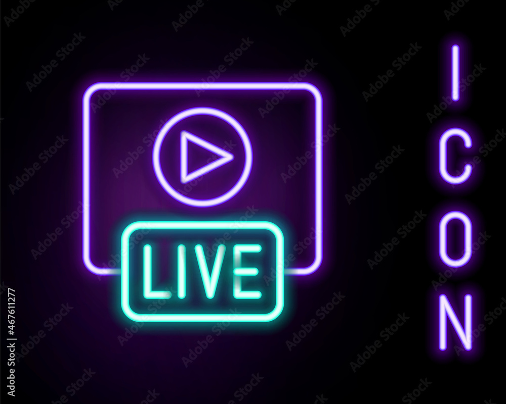 Glowing neon line Live streaming online videogame play icon isolated on black background. Colorful outline concept. Vector Glowing neon line Live streaming online videogame play icon isolated on black background. Colorful outline concept. Vector