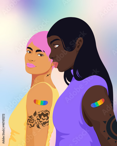 Multiracial LGBTQ+ people with rainbow band aid