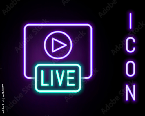 Glowing neon line Live streaming online videogame play icon isolated on black background. Colorful outline concept. Vector