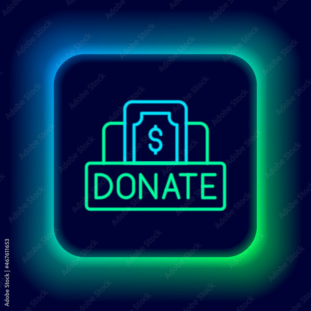 Glowing neon line Donation and charity icon isolated on black background. Donate money and charity concept. Colorful outline concept. Vector Glowing neon line Donation and charity icon isolated on black background. Donate money and charity concept. Colorful outline concept. Vector