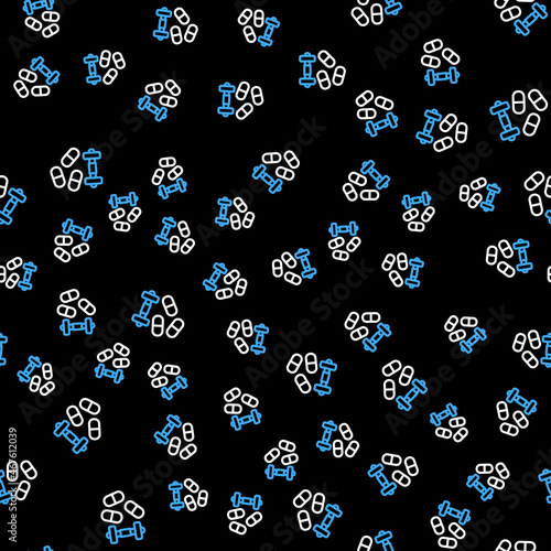 Line Sports doping, anabolic drugs with dumbbell icon isolated seamless pattern on black background. Anabolic steroids tablet. Pills in jar. Vector