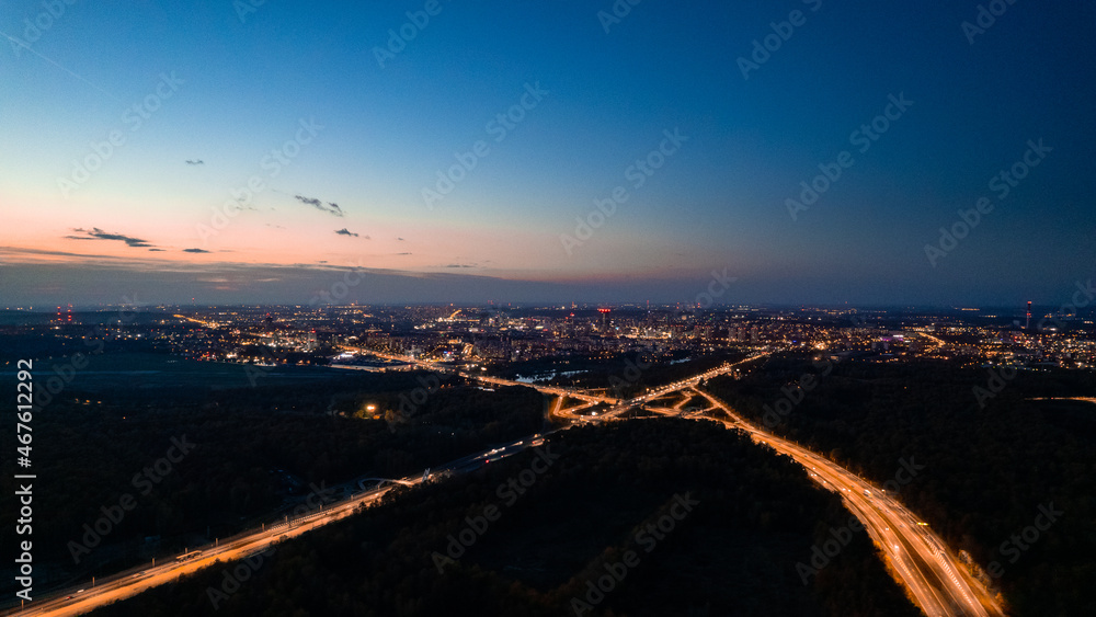 Katowice city - evening panorama - road communication - aerial shot