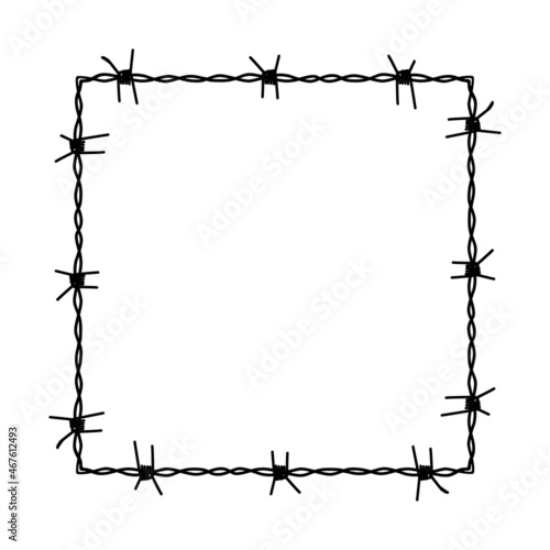 Barbed wire square frame. Black wire border. Silhouette of a chain made of wire. Vector illustration isolated on white background. Boundary, barrier, prison symbol. Barbwire corner frame design