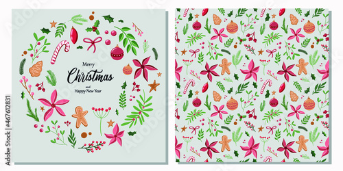 Merry Christmas greeting card with winter flowers and holiday symbols.