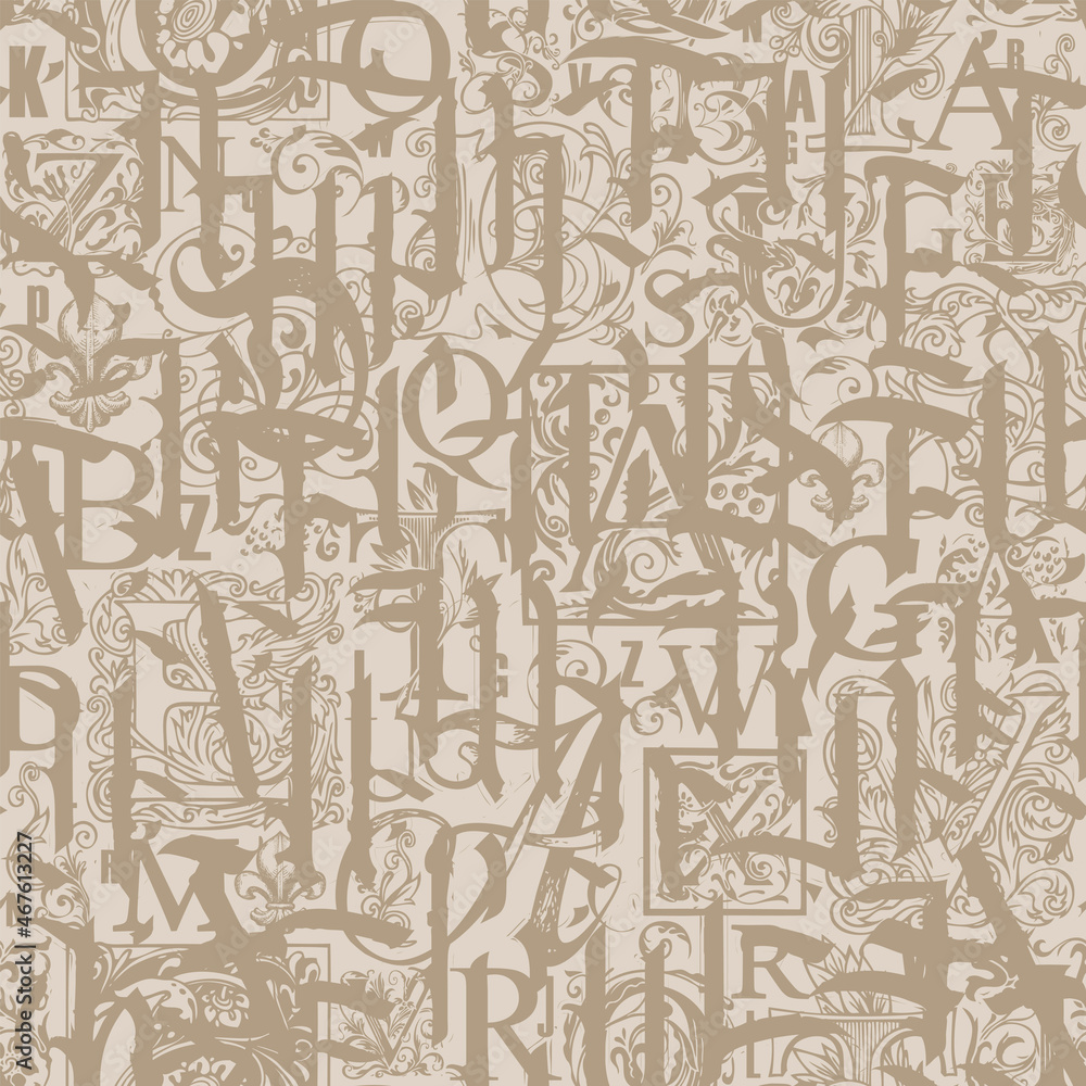 Abstract seamless pattern with gothic Latin letters and hand-drawn initial letters on a beige backdrop. Monochrome vector background in grunge style. Suitable for wallpaper, wrapping paper or fabric