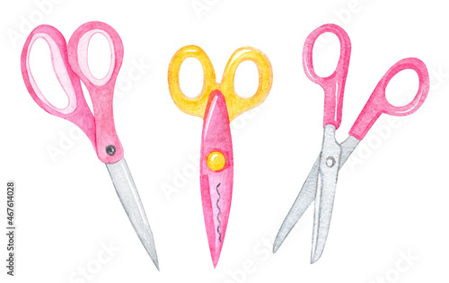 Watercolor pink scissors set isolated on white background