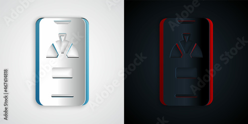 Paper cut Lucky wheel on phone icon isolated on grey and black background. Paper art style. Vector