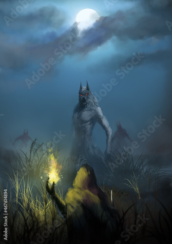 Canvas Print A hunter of evil spirits uses fire magic on a moonlit night, he holds a sword in his hand, werewolves stand in front of him, their eyes glow red