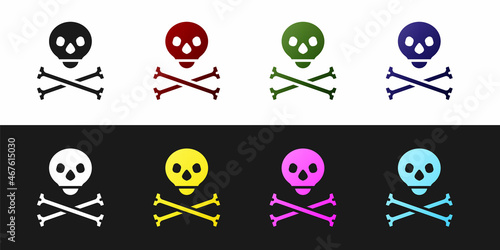 Set Skull on crossbones icon isolated on black and white background. Happy Halloween party. Vector