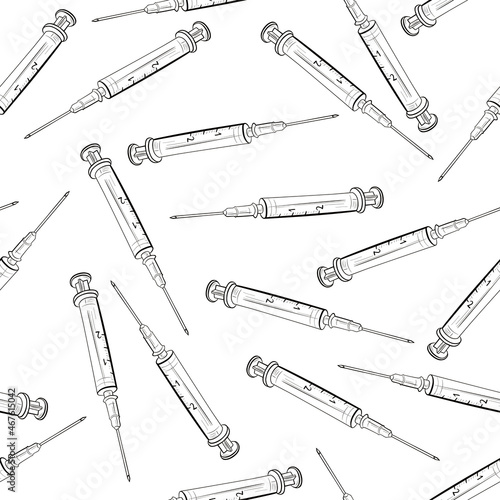 Syringe linear black and white drawing. Vector illustration