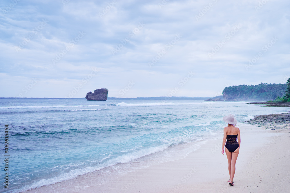 Vacation on the seashore. Back view of young woman walking away on the beautiful ocean beach. Vacation on the seashore. Back view of young woman walking away on the beautiful ocean beach.