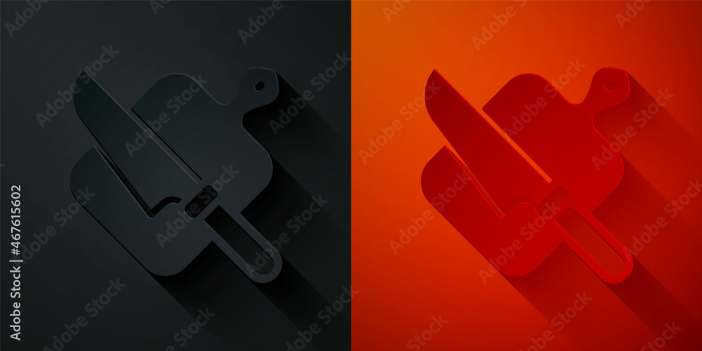 Paper cut Cutting board and knife icon isolated on black and red background. Chopping Board symbol. Cutlery symbol. Paper art style. Vector Paper cut Cutting board and knife icon isolated on black and red background. Chopping Board symbol. Cutlery symbol. Paper art style. Vector