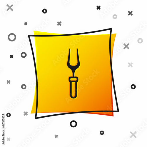 Black Barbecue fork icon isolated on white background. BBQ fork sign. Barbecue and grill tool. Yellow square button. Vector