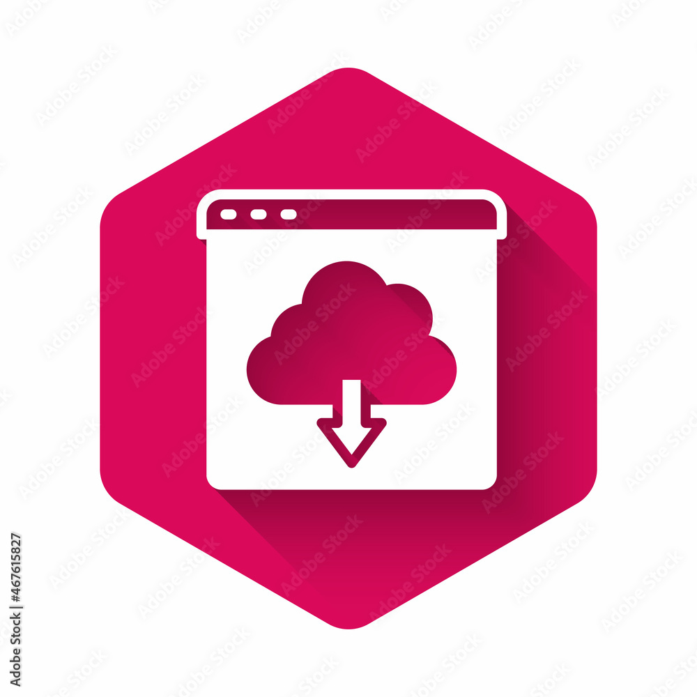 White Cloud download icon isolated with long shadow background. Pink hexagon button. Vector White Cloud download icon isolated with long shadow background. Pink hexagon button. Vector