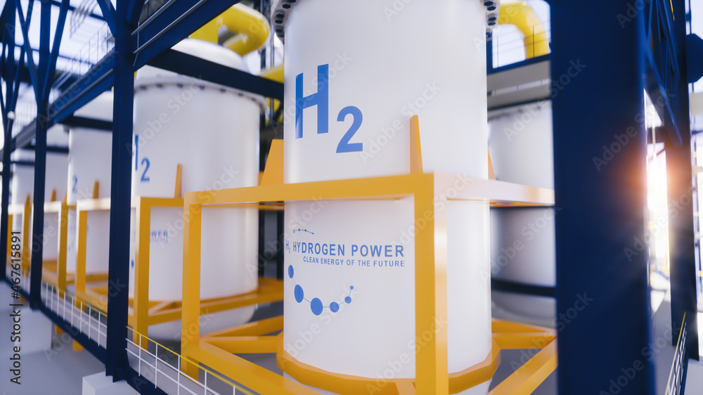Hydrogen renewable energy production - hydrogen gas for clean electricity solar and windturbine facility. 3d rendering. Hydrogen renewable energy production - hydrogen gas for clean electricity solar and windturbine facility. 3d rendering.