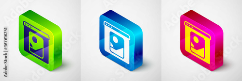Isometric Photo retouching icon isolated on grey background. Photographer, photography, retouch icon. Square button. Vector