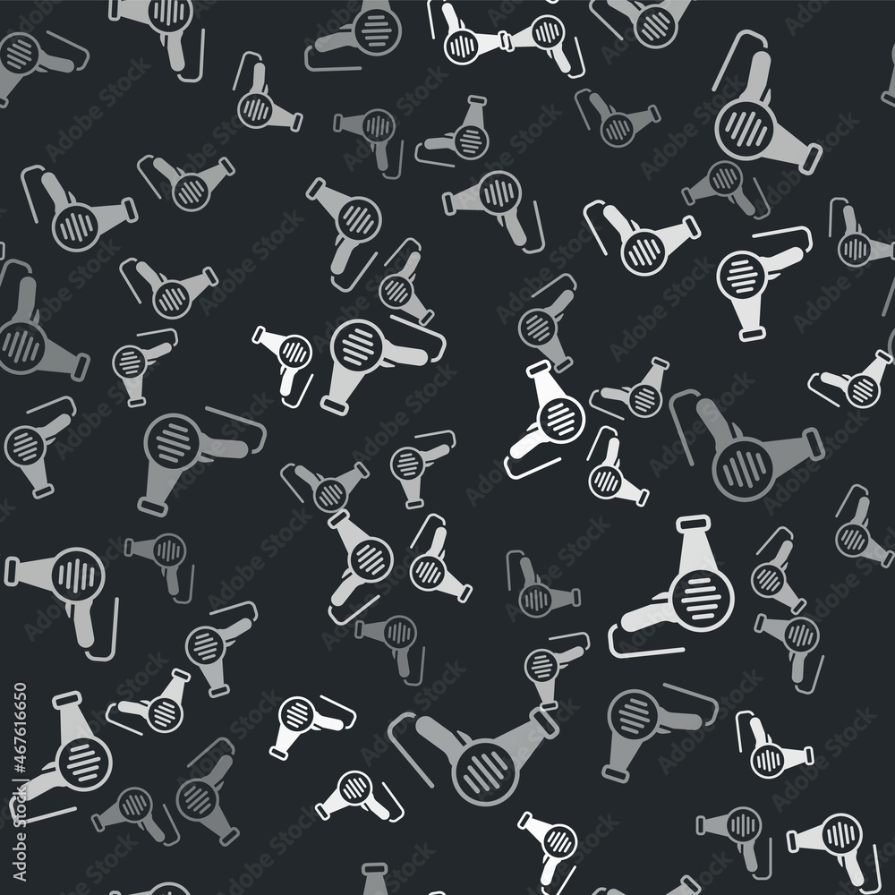 Grey Hair dryer icon isolated seamless pattern on black background. Hairdryer sign. Hair drying symbol. Blowing hot air. Vector Grey Hair dryer icon isolated seamless pattern on black background. Hairdryer sign. Hair drying symbol. Blowing hot air. Vector
