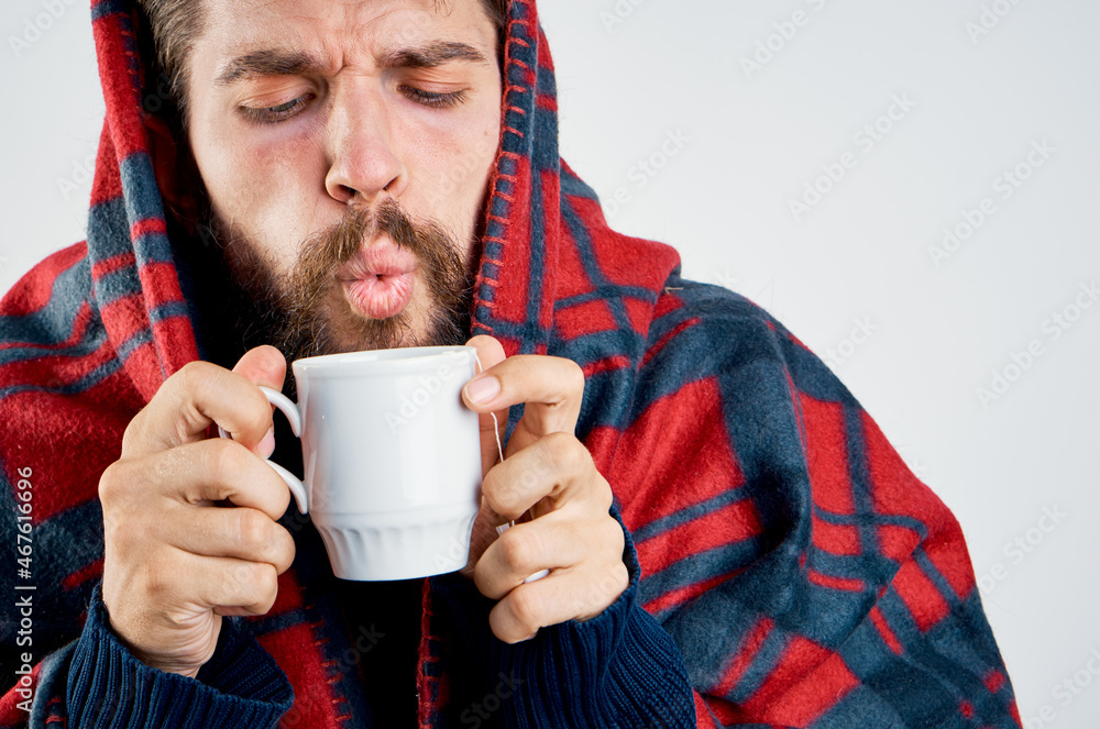 cold man with blanket warming drink health problem cold man with blanket warming drink health problem