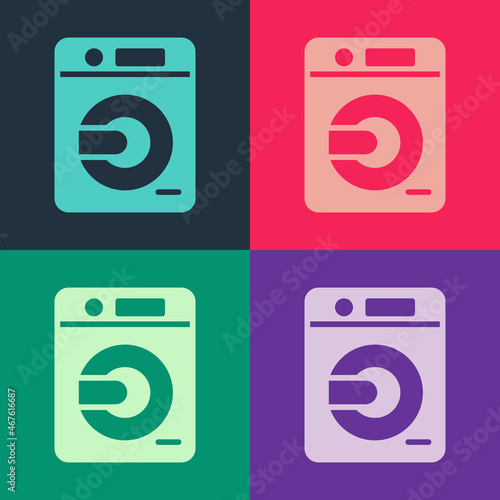 Pop art Washer icon isolated on color background. Washing machine icon. Clothes washer - laundry machine. Home appliance symbol. Vector