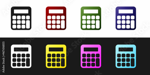 Set Calculator icon isolated on black and white background. Accounting symbol. Business calculations mathematics education and finance. Vector