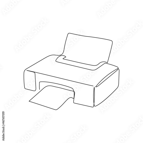Home printer continuous line drawing. One line art of home appliance, scanner, fax, photo printer, copier.