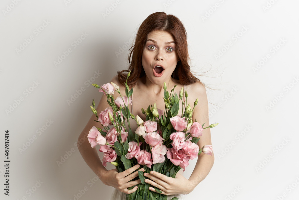 pretty woman pink flower bouquet fashion summer Studio Model pretty woman pink flower bouquet fashion summer Studio Model