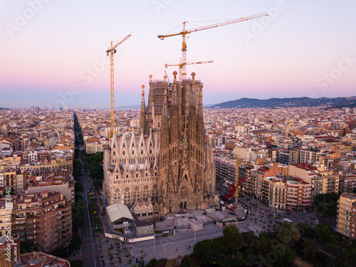 BARCELONA, SPAIN- JUNE 13, 2019: Panoramic view from drone of Cathedral of La Sagrada Familia at morning..