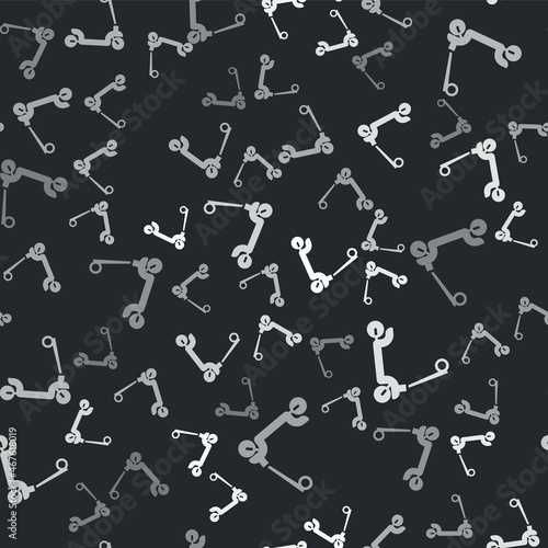 Grey Roller scooter for children icon isolated seamless pattern on black background. Kick scooter or balance bike. Vector