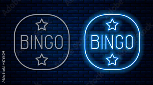 Glowing neon line Bingo icon isolated on brick wall background. Lottery tickets for american bingo game. Vector