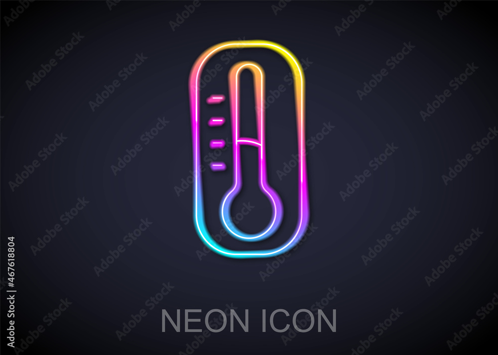 Glowing neon line Meteorology thermometer measuring icon isolated on black background. Thermometer equipment showing hot or cold weather. Vector Glowing neon line Meteorology thermometer measuring icon isolated on black background. Thermometer equipment showing hot or cold weather. Vector