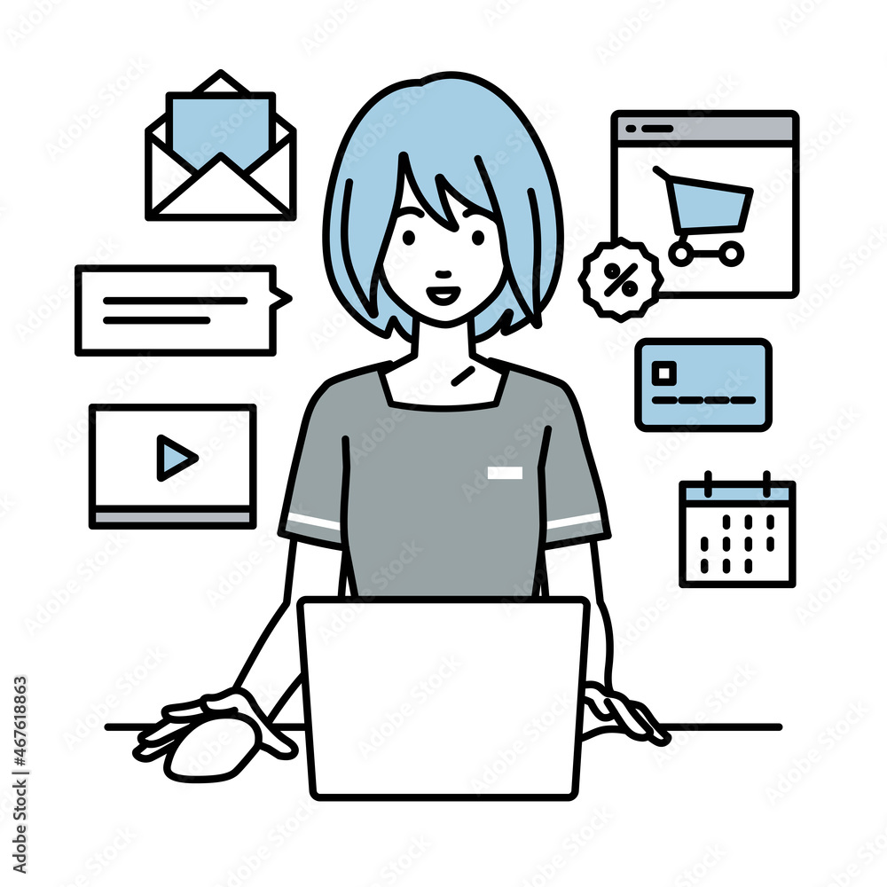 デスクで座ってPCでネットショップやマーケティングの仕事をしているエステ店員の女性