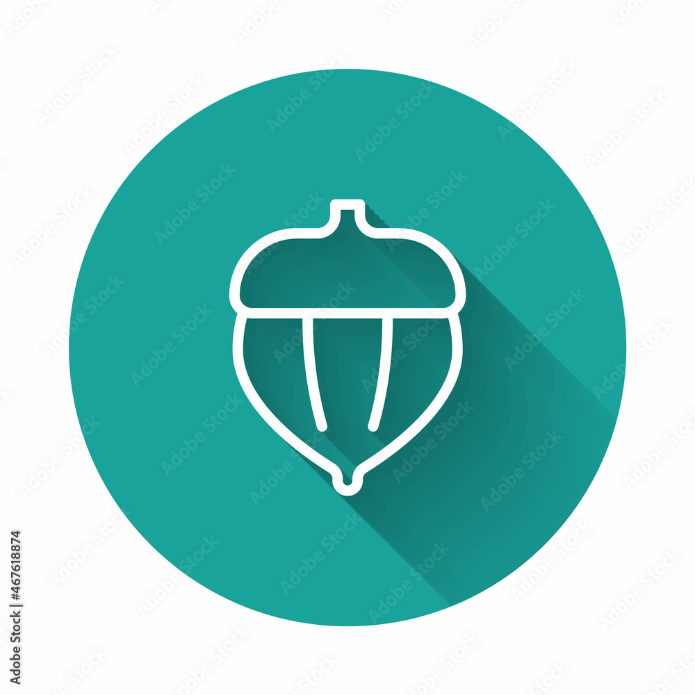 White line Acorn icon isolated with long shadow background. Green circle button. Vector White line Acorn icon isolated with long shadow background. Green circle button. Vector