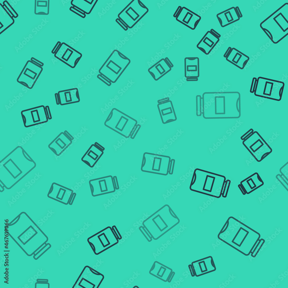 Black line Jam jar icon isolated seamless pattern on green background. Vector